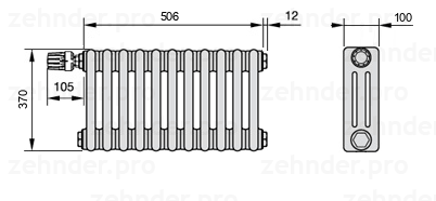 Схема (чертеж) Радиатор Zehnder Charleston 3037/11 №V012 Белый глянцевый RAL 9016